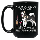Alaskan Malamute And Wine Funny Dog Black Coffee Mug, Gift Coffee Mug