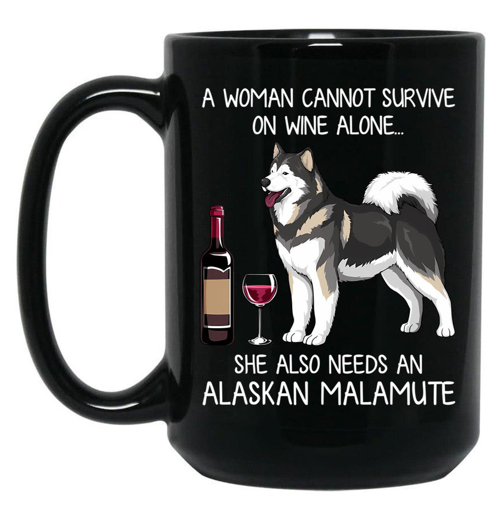 Alaskan Malamute And Wine Funny Dog Black Coffee Mug, Gift Coffee Mug