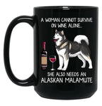 Alaskan Malamute And Wine Funny Dog Black Coffee Mug, Gift Coffee Mug