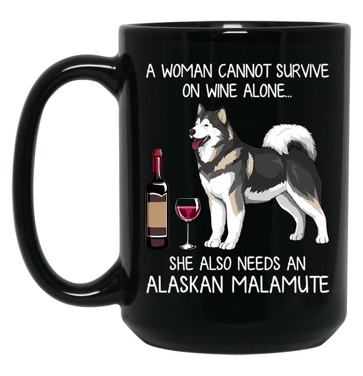 Alaskan Malamute And Wine Funny Dog Black Coffee Mug, Gift Coffee Mug