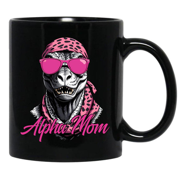 Alpha Mom Funny Dinosaur Mother Icon Black Coffee Mug, Gift Coffee Mug - Black