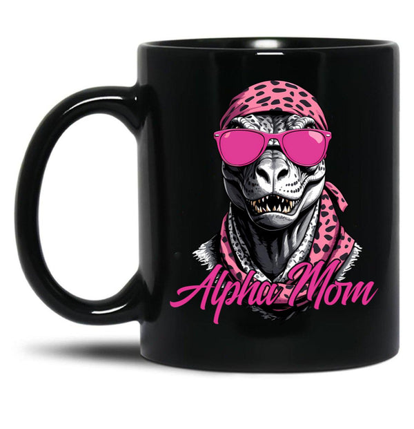 Alpha Mom Funny Dinosaur Mother Icon Black Coffee Mug, Gift Coffee Mug - Black