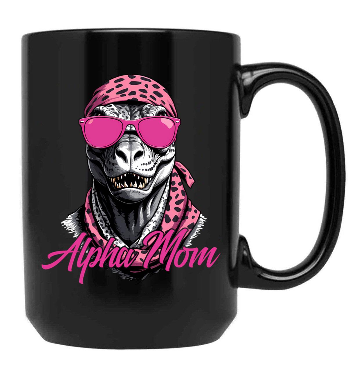 Alpha Mom Funny Dinosaur Mother Icon Black Coffee Mug, Gift Coffee Mug