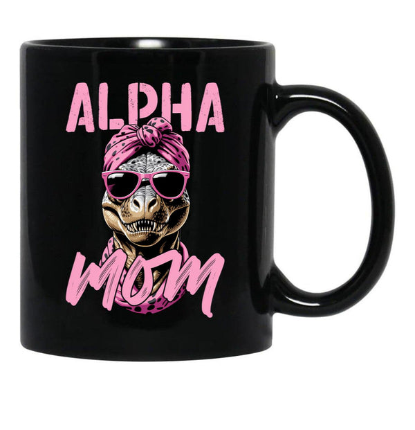 Alpha Mom Funny Iconic Dinosaur Mother Black Coffee Mug, Gift Coffee Mug - Black