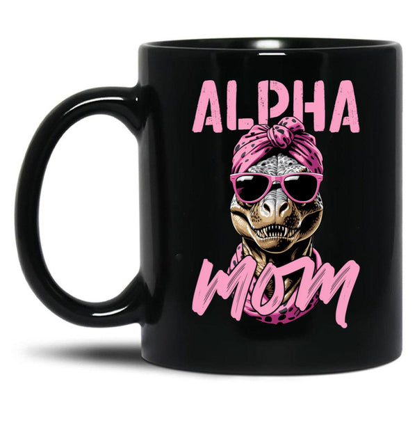 Alpha Mom Funny Iconic Dinosaur Mother Black Coffee Mug, Gift Coffee Mug - Black