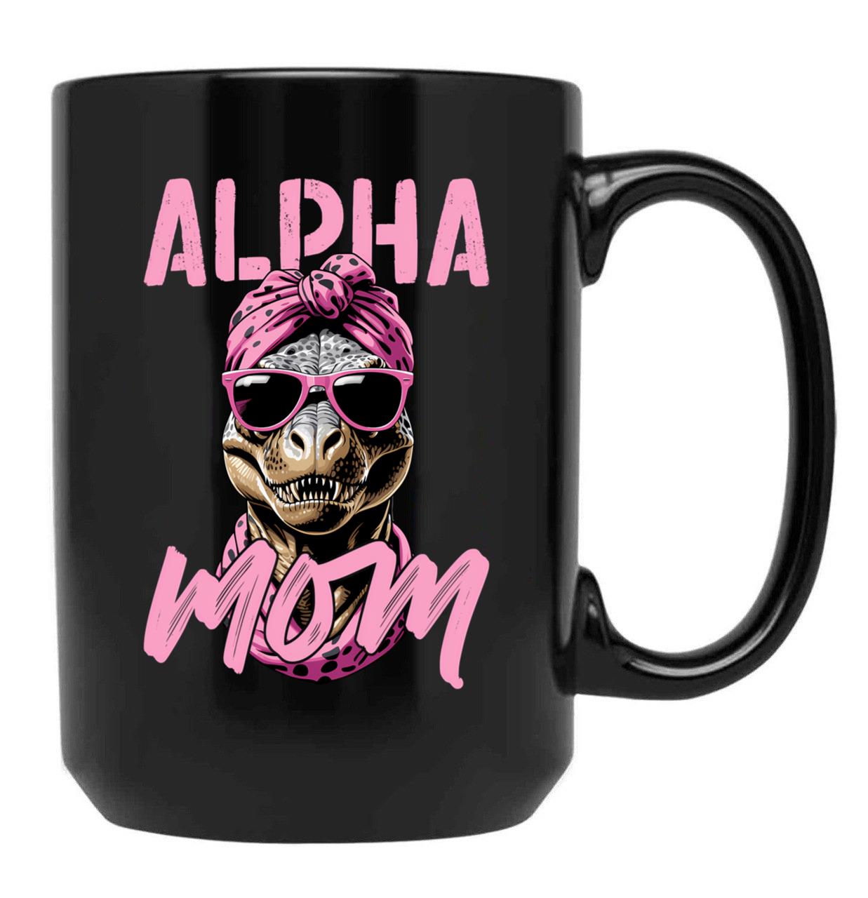 Alpha Mom Funny Iconic Dinosaur Mother Black Coffee Mug, Gift Coffee Mug