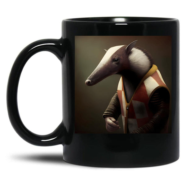 Anteater In A Sweater - Animal Art Black Coffee Mug, Gift Coffee Mug - Black