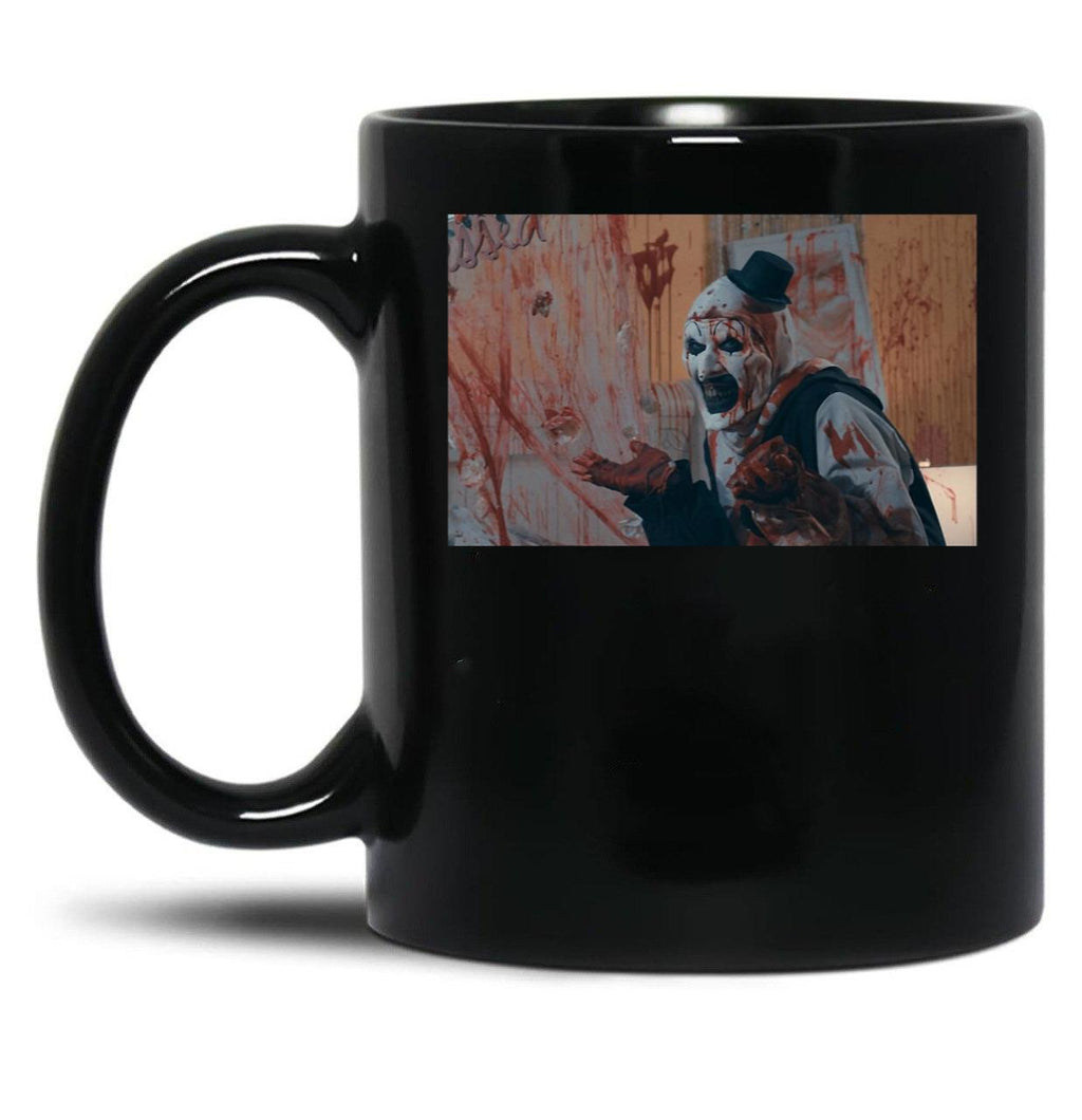 Art The Clown Making A Mess - Terrifier Black Coffee Mug, Gift Coffee Mug