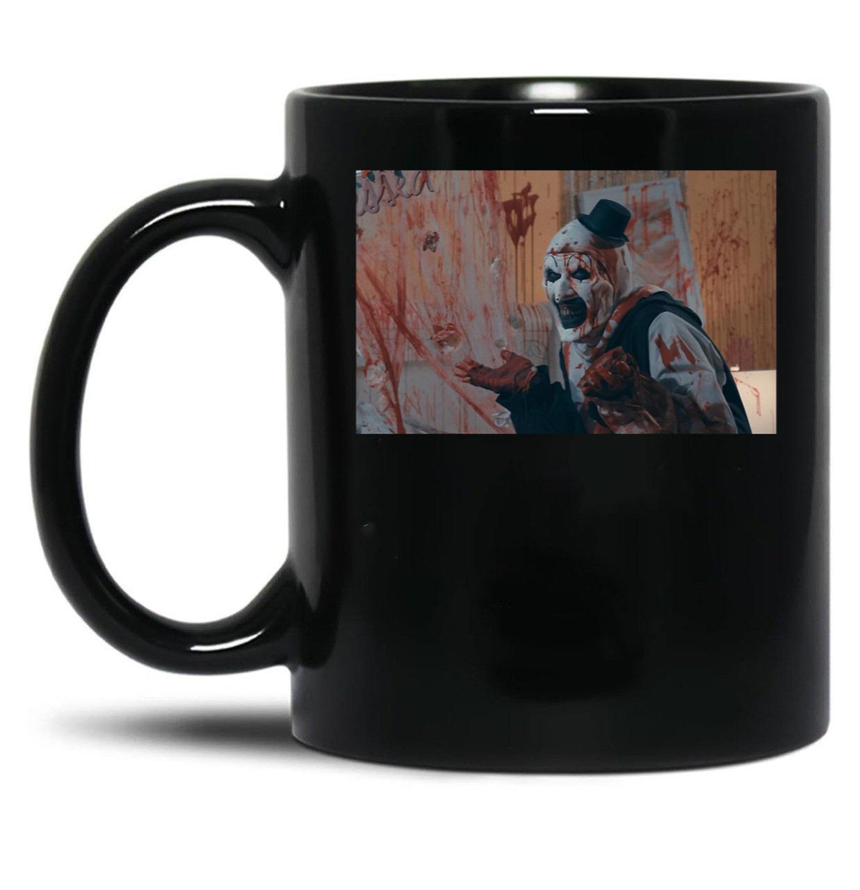 Art The Clown Making A Mess - Terrifier Black Coffee Mug, Gift Coffee Mug