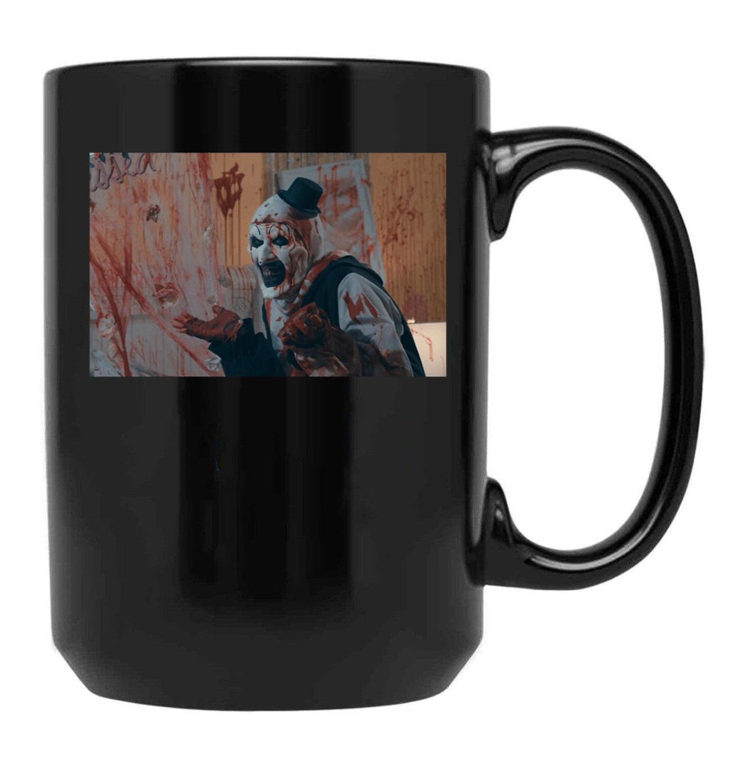 Art The Clown Making A Mess - Terrifier Black Coffee Mug, Gift Coffee Mug