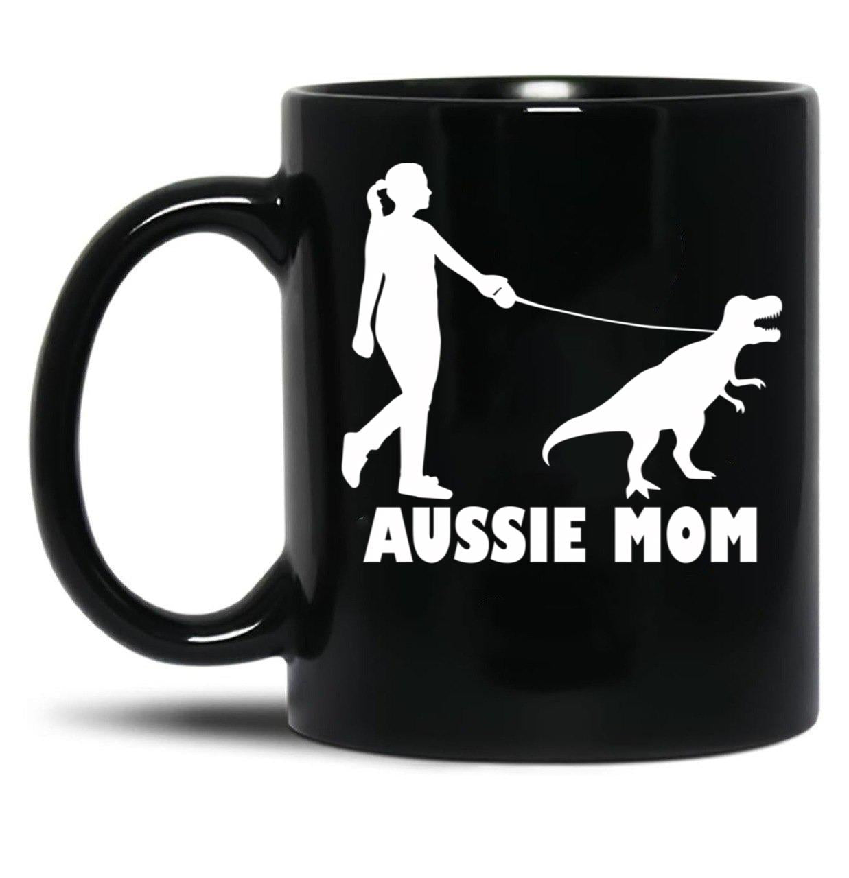 Aussie Mom Australian Shepherd Dog Dinosaur Women Mother Black Coffee Mug, Gift Coffee Mug - Black