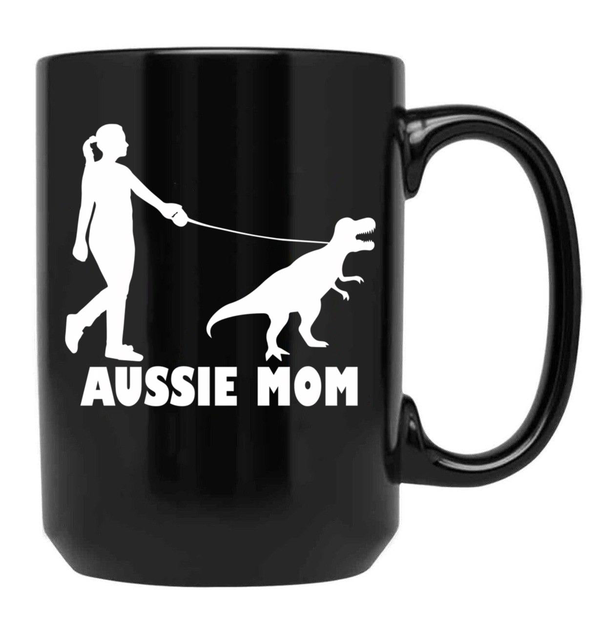 Aussie Mom Australian Shepherd Dog Dinosaur Women Mother Black Coffee Mug, Gift Coffee Mug