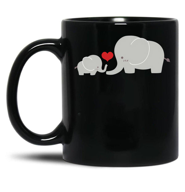 Baby And Parent Elephant With Heart Black Coffee Mug, Gift Coffee Mug - Black