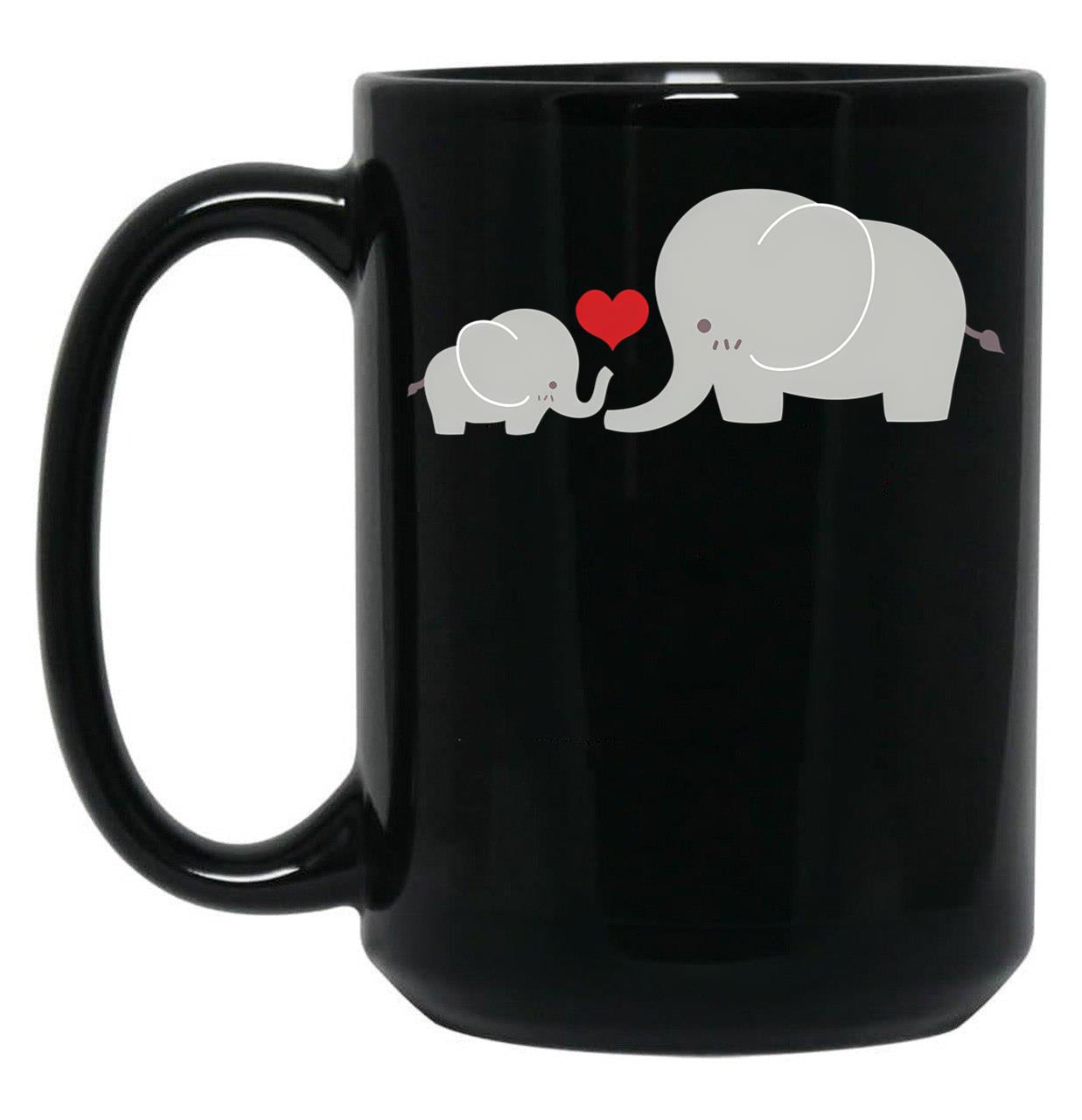 Baby And Parent Elephant With Heart Black Coffee Mug, Gift Coffee Mug