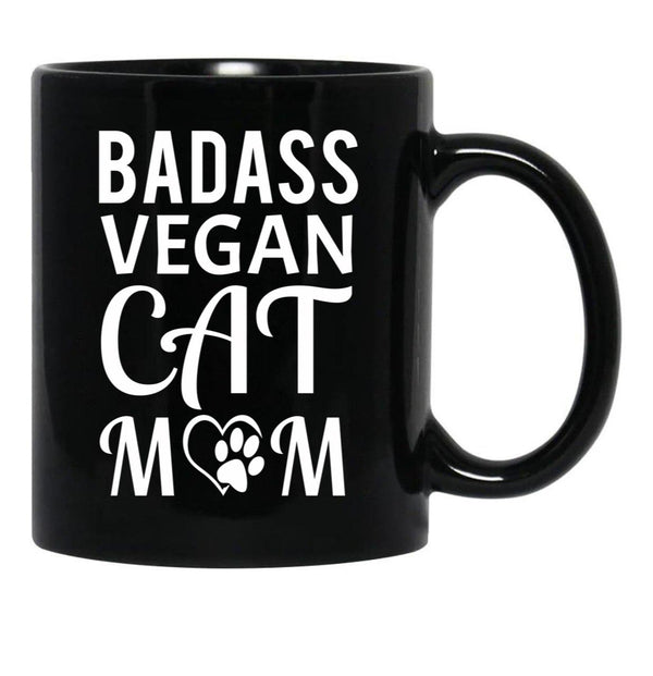 Badass Vegan Cat Mom (3) Black Coffee Mug, Gift Coffee Mug - Black