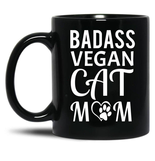Badass Vegan Cat Mom (3) Black Coffee Mug, Gift Coffee Mug - Black