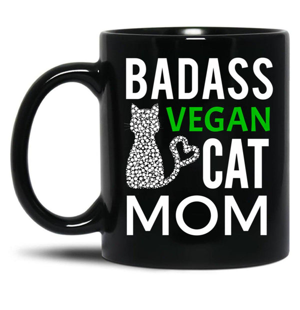 Badass Vegan Cat Mom (4) Black Coffee Mug, Gift Coffee Mug - Black