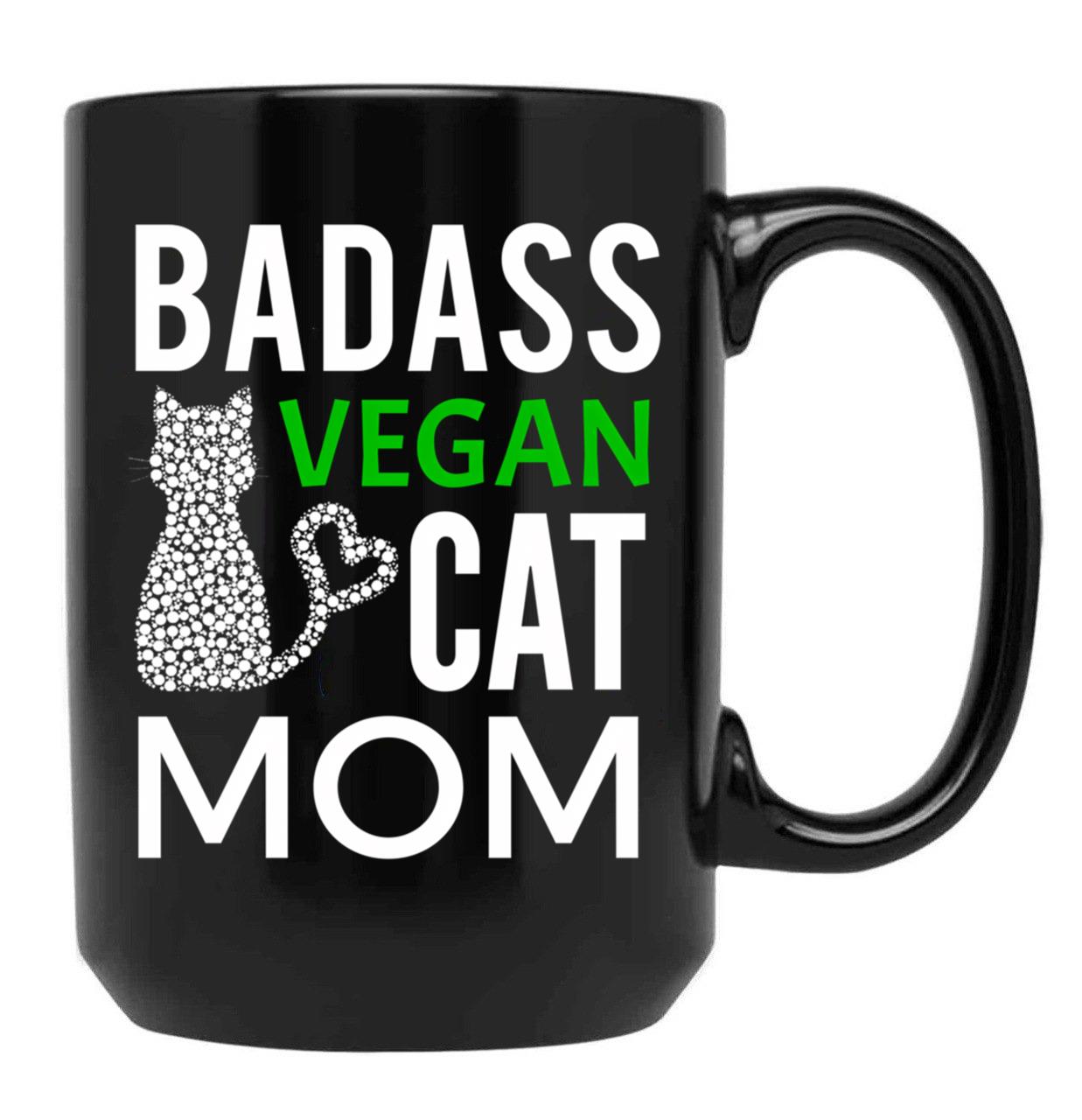 Badass Vegan Cat Mom (4) Black Coffee Mug, Gift Coffee Mug