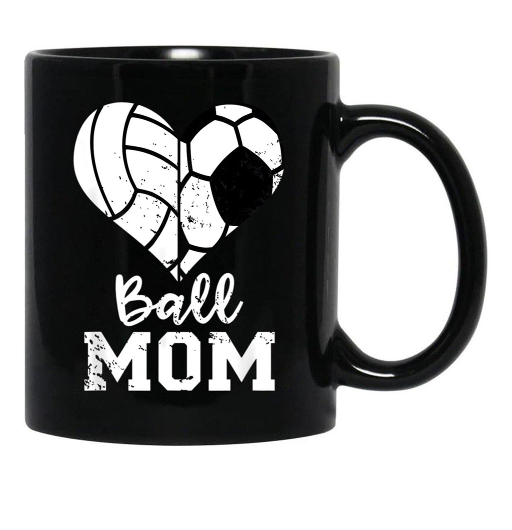 Ball Mom Heart Funny Soccer Volleyball Mom Black Coffee Mug, Gift Coffee Mug - Black