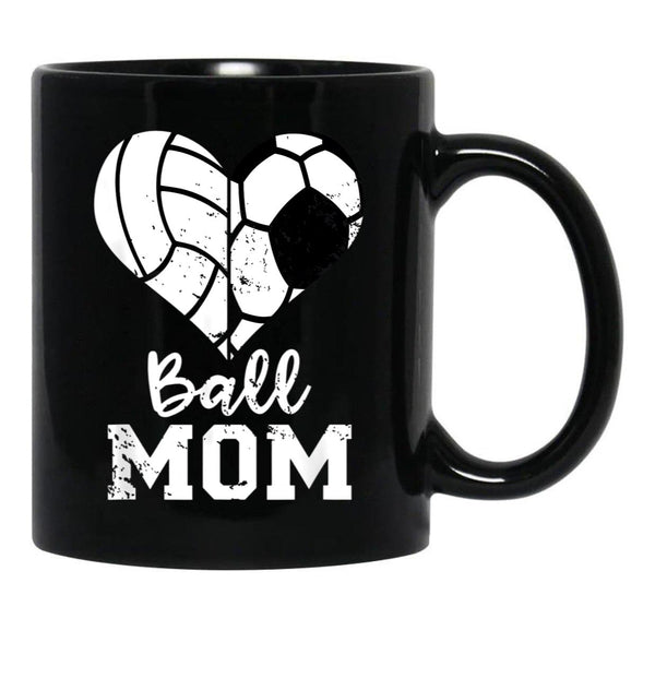 Ball Mom Heart Funny Soccer Volleyball Mom Black Coffee Mug, Gift Coffee Mug - Black