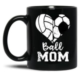 Ball Mom Heart Funny Soccer Volleyball Mom Black Coffee Mug, Gift Coffee Mug - Black
