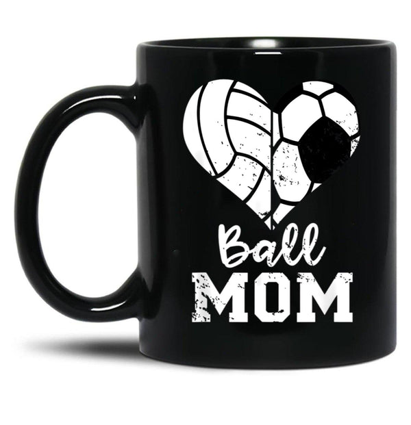 Ball Mom Heart Funny Soccer Volleyball Mom Black Coffee Mug, Gift Coffee Mug - Black