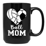 Ball Mom Heart Funny Soccer Volleyball Mom Black Coffee Mug, Gift Coffee Mug
