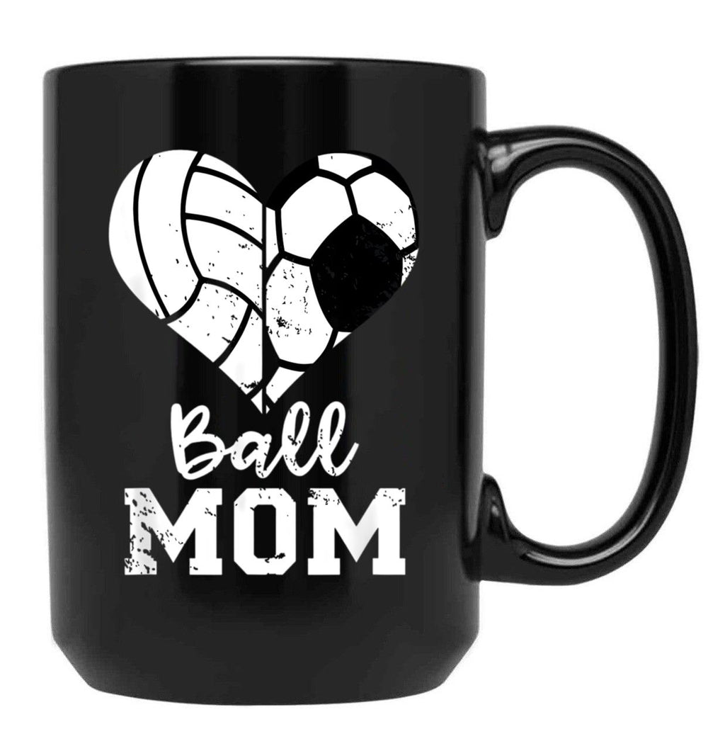 Ball Mom Heart Funny Soccer Volleyball Mom Black Coffee Mug, Gift Coffee Mug