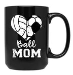 Ball Mom Heart Funny Soccer Volleyball Mom Black Coffee Mug, Gift Coffee Mug