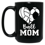 Ball Mom Heart Funny Soccer Volleyball Mom Black Coffee Mug, Gift Coffee Mug