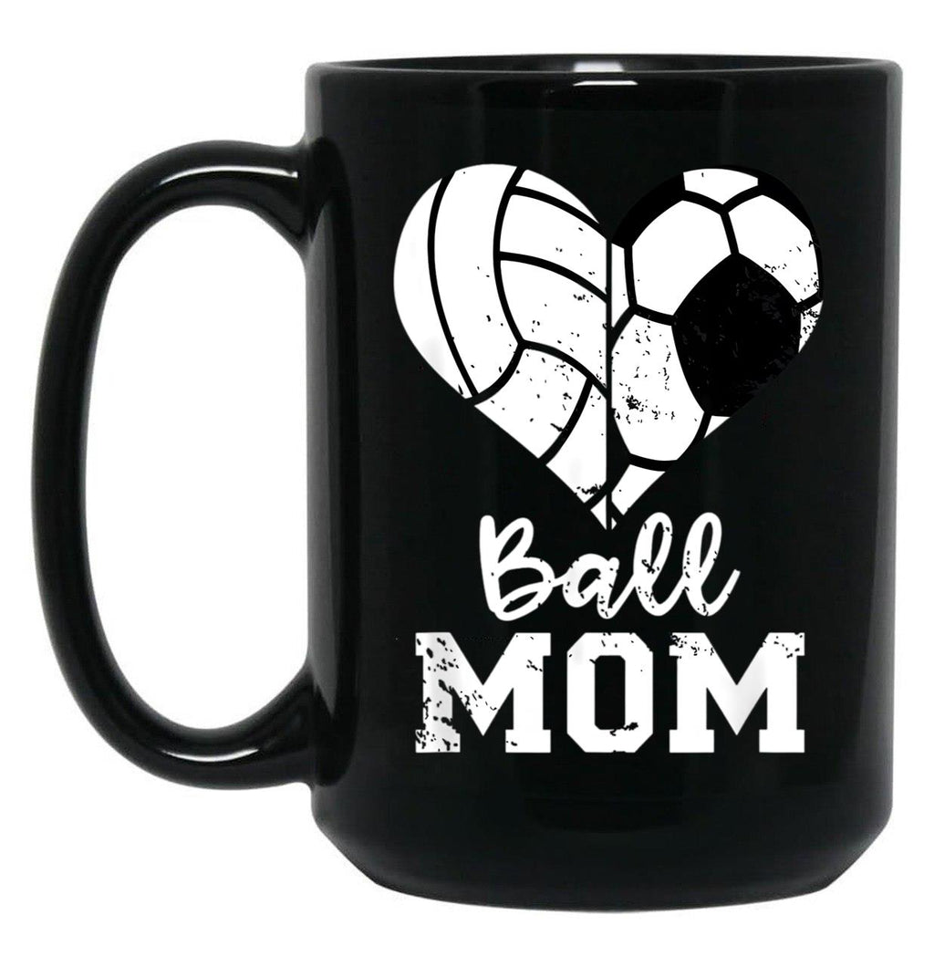 Ball Mom Heart Funny Soccer Volleyball Mom Black Coffee Mug, Gift Coffee Mug