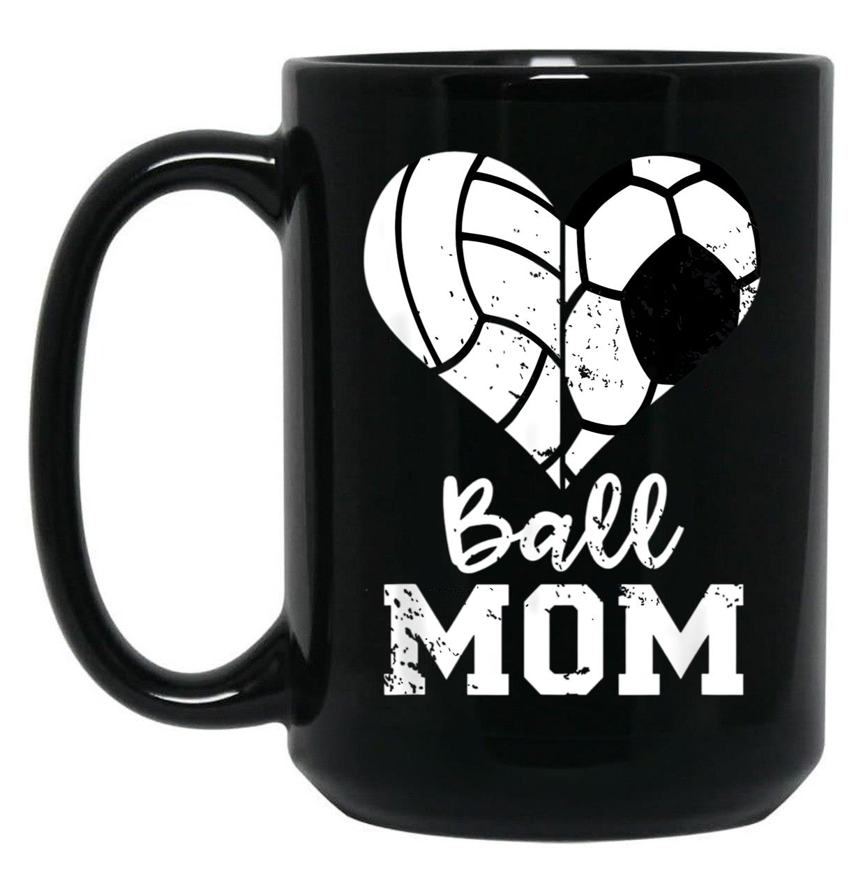 Ball Mom Heart Funny Soccer Volleyball Mom Black Coffee Mug, Gift Coffee Mug