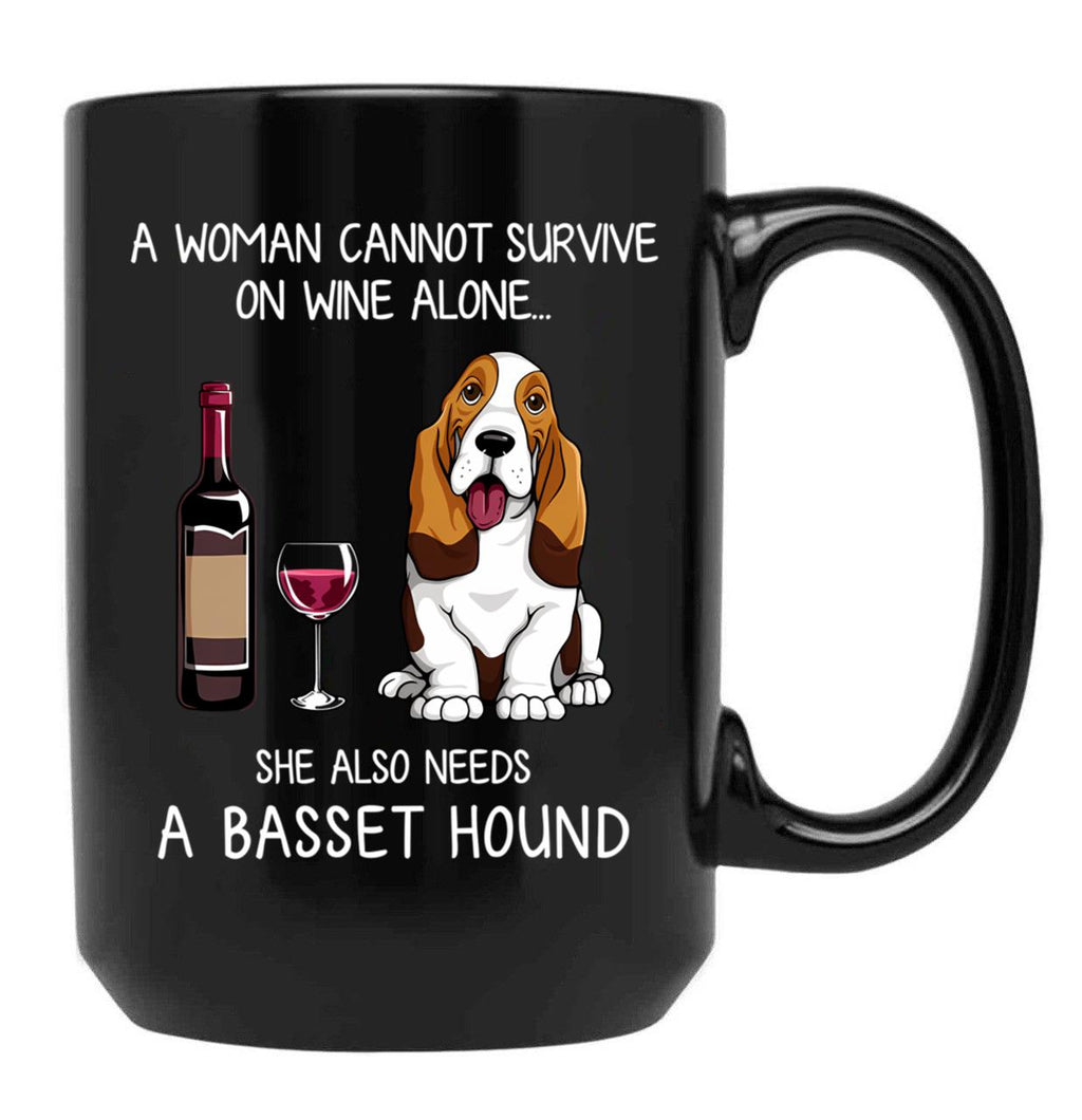 Basset Hound And Wine Funny Dog Black Coffee Mug, Gift Coffee Mug
