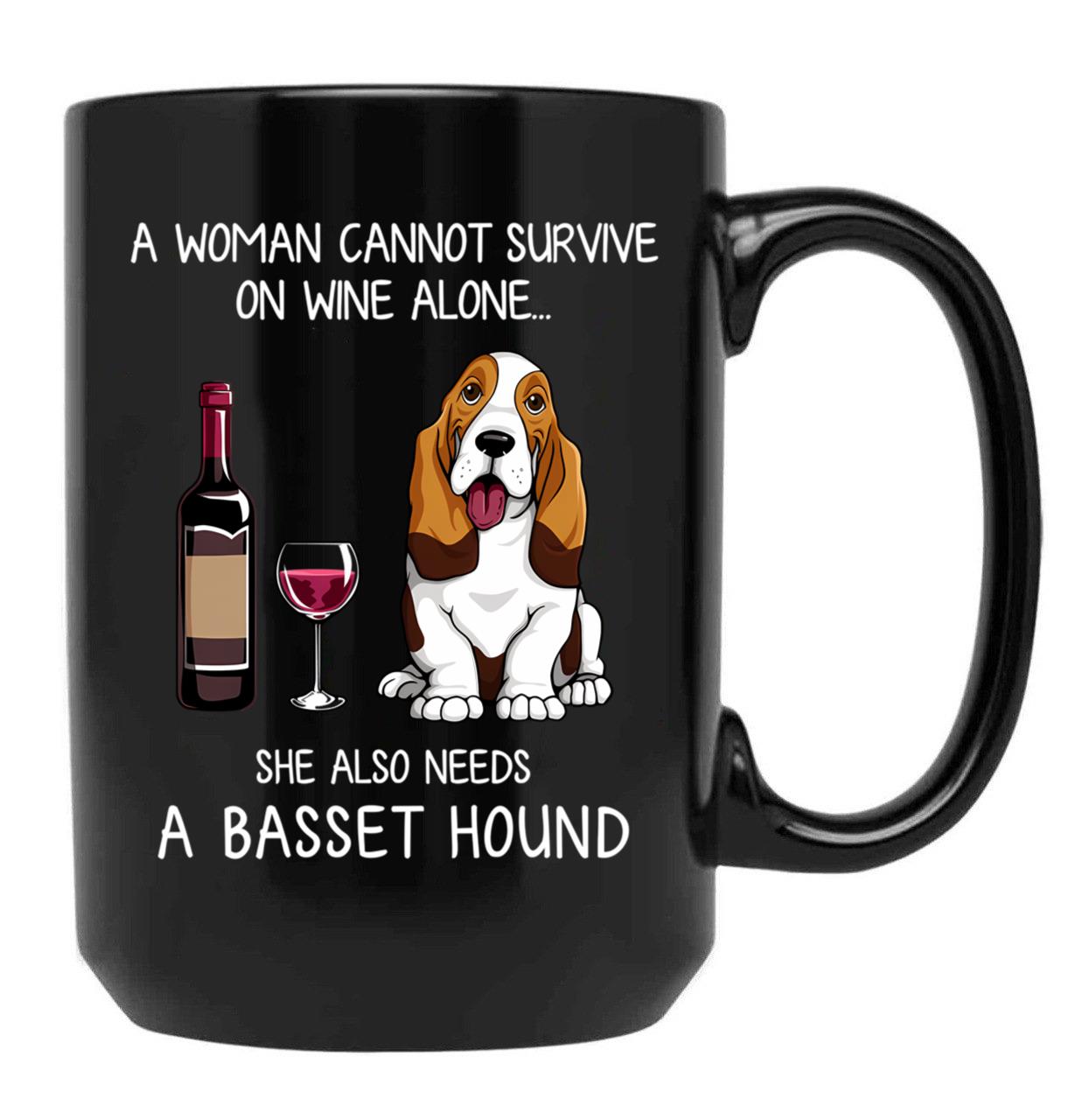 Basset Hound And Wine Funny Dog Black Coffee Mug, Gift Coffee Mug
