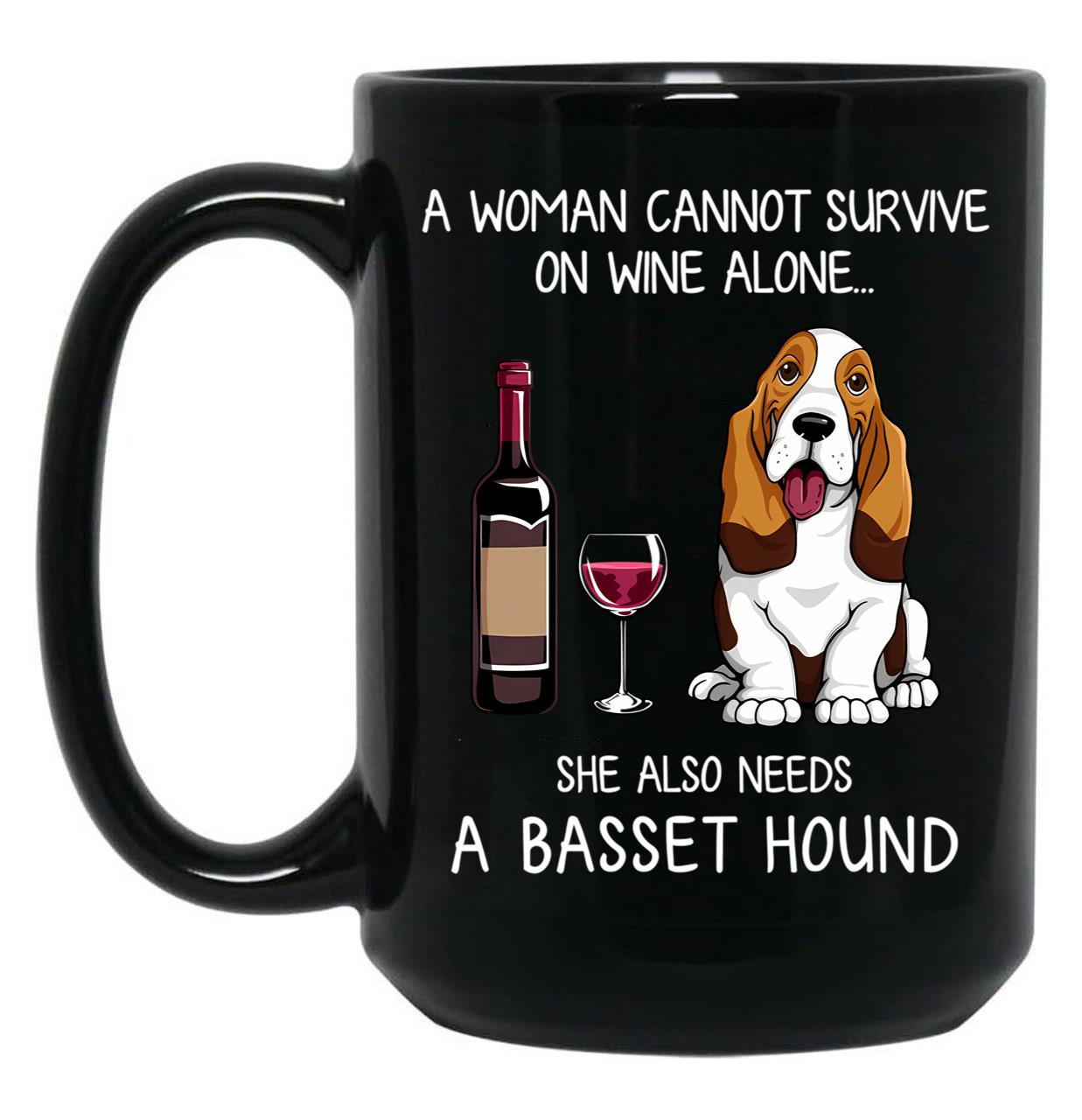 Basset Hound And Wine Funny Dog Black Coffee Mug, Gift Coffee Mug