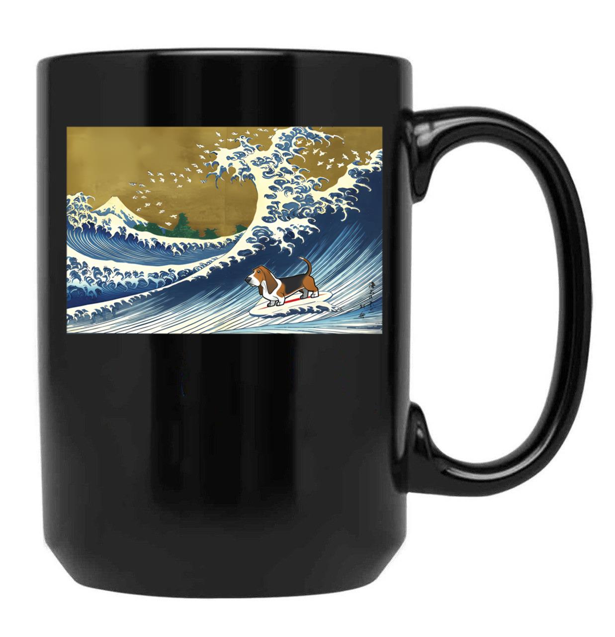 Basset Hound Surfing Black Coffee Mug, Gift Coffee Mug
