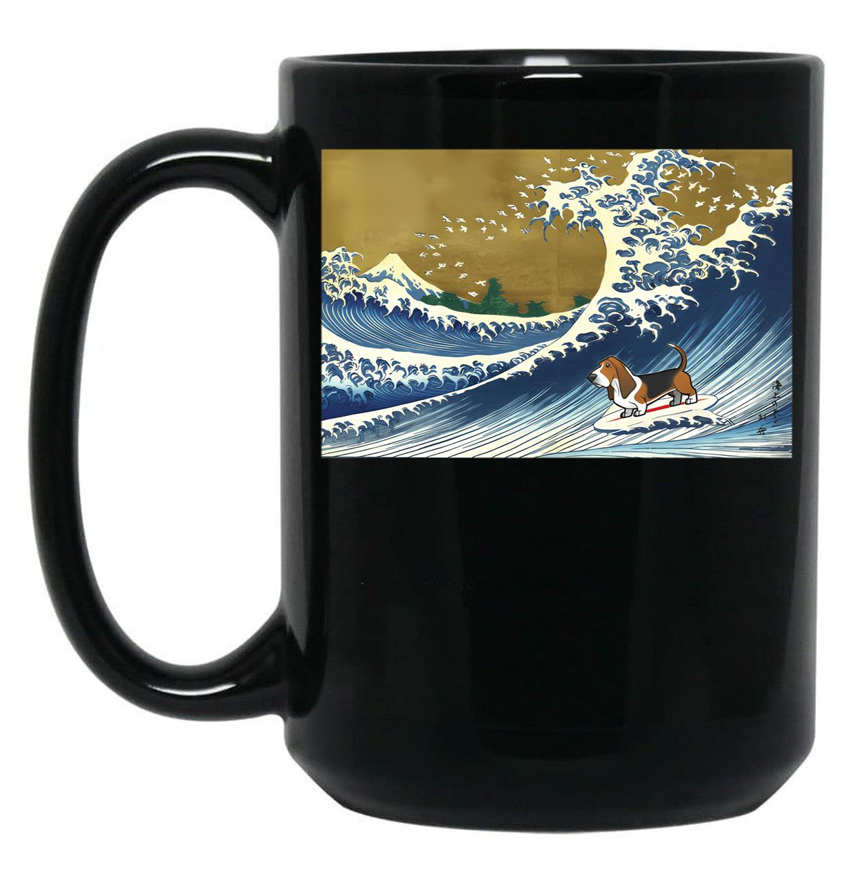 Basset Hound Surfing Black Coffee Mug, Gift Coffee Mug