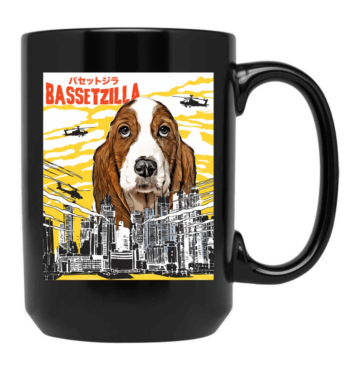Bassetzilla Funny Dog T-Shirt - Gift For Basset Dog Lovers Black Coffee Mug, Gift Coffee Mug
