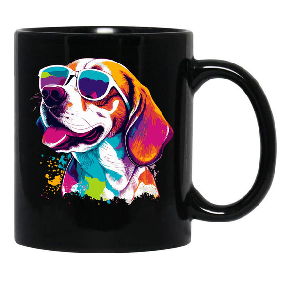 Beagle Dog - Colorful With Sunglasses Black Coffee Mug, Gift Coffee Mug - Black