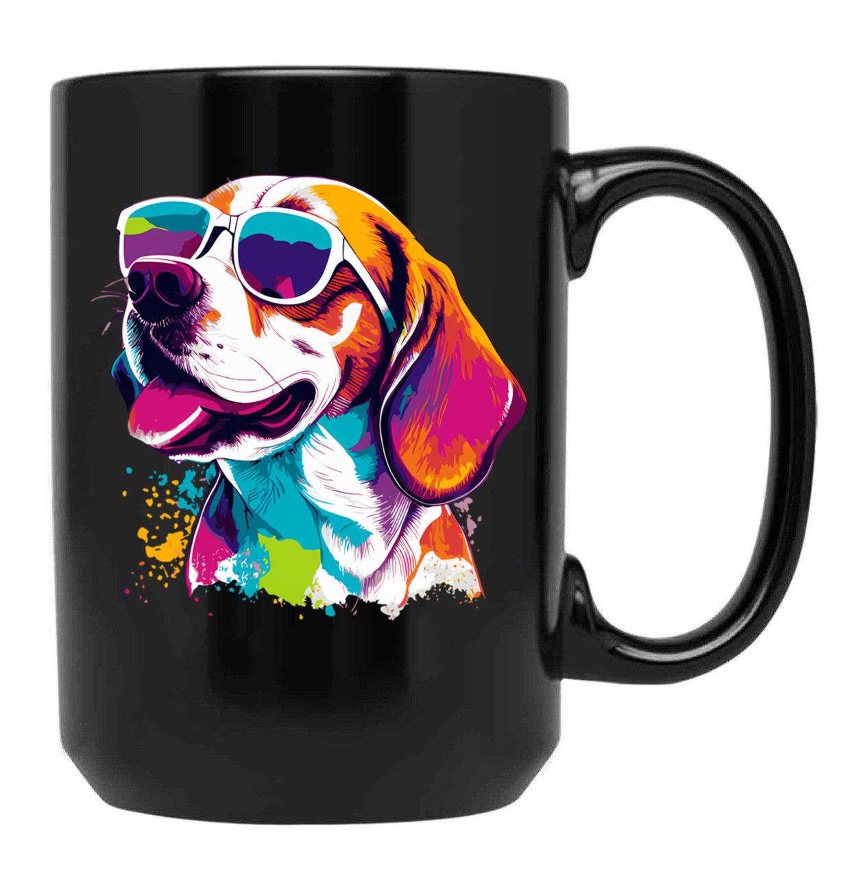 Beagle Dog - Colorful With Sunglasses Black Coffee Mug, Gift Coffee Mug