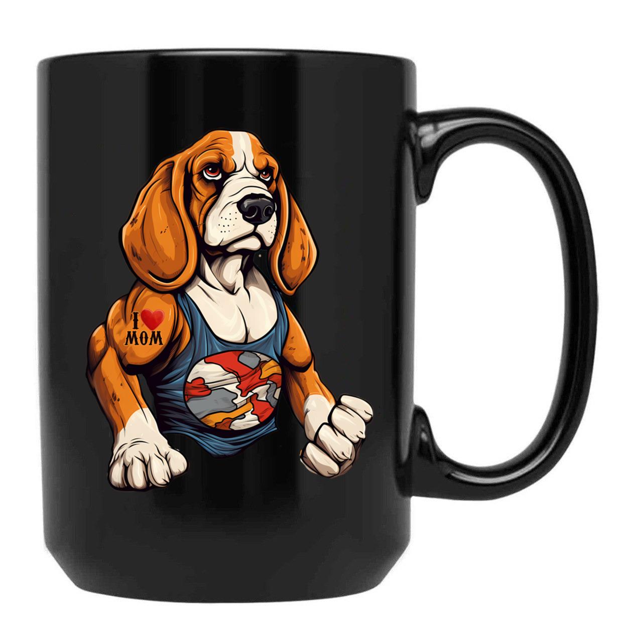 Beagle Dog With Tattoo I Love Mom 300Dpi Black Coffee Mug, Gift Coffee Mug