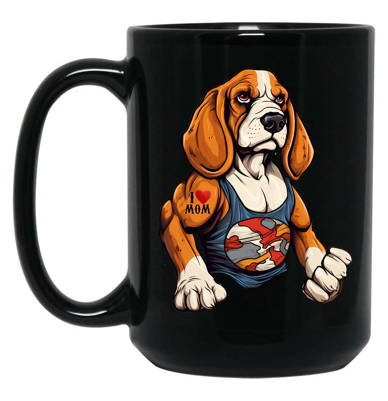 Beagle Dog With Tattoo I Love Mom 300Dpi Black Coffee Mug, Gift Coffee Mug