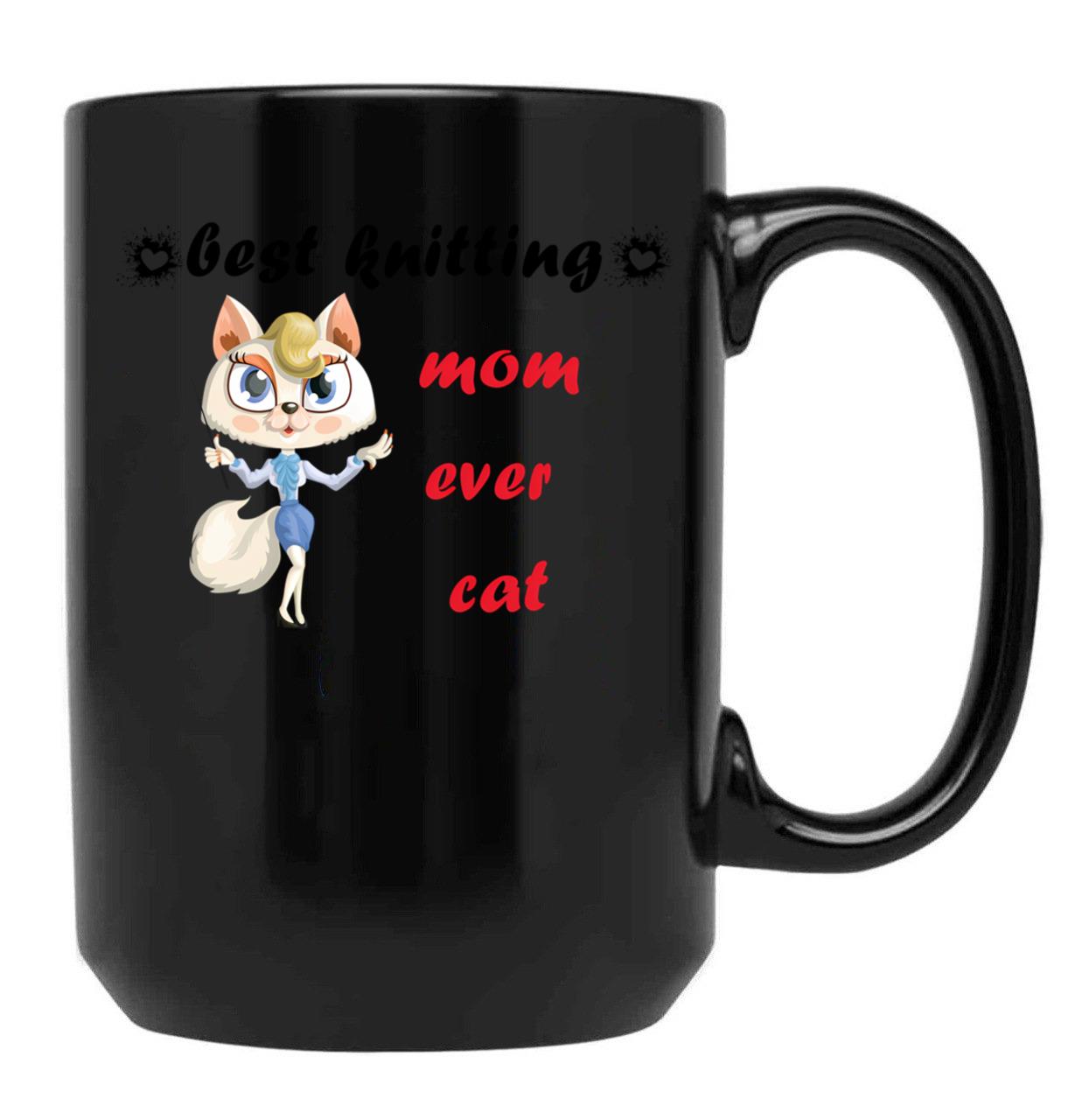 Best Knitting Mom Ever Cat Black Coffee Mug, Gift Coffee Mug