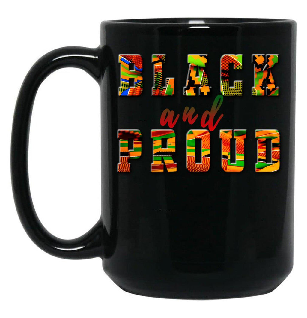 Black And Proud African Kente Background Black Coffee Mug