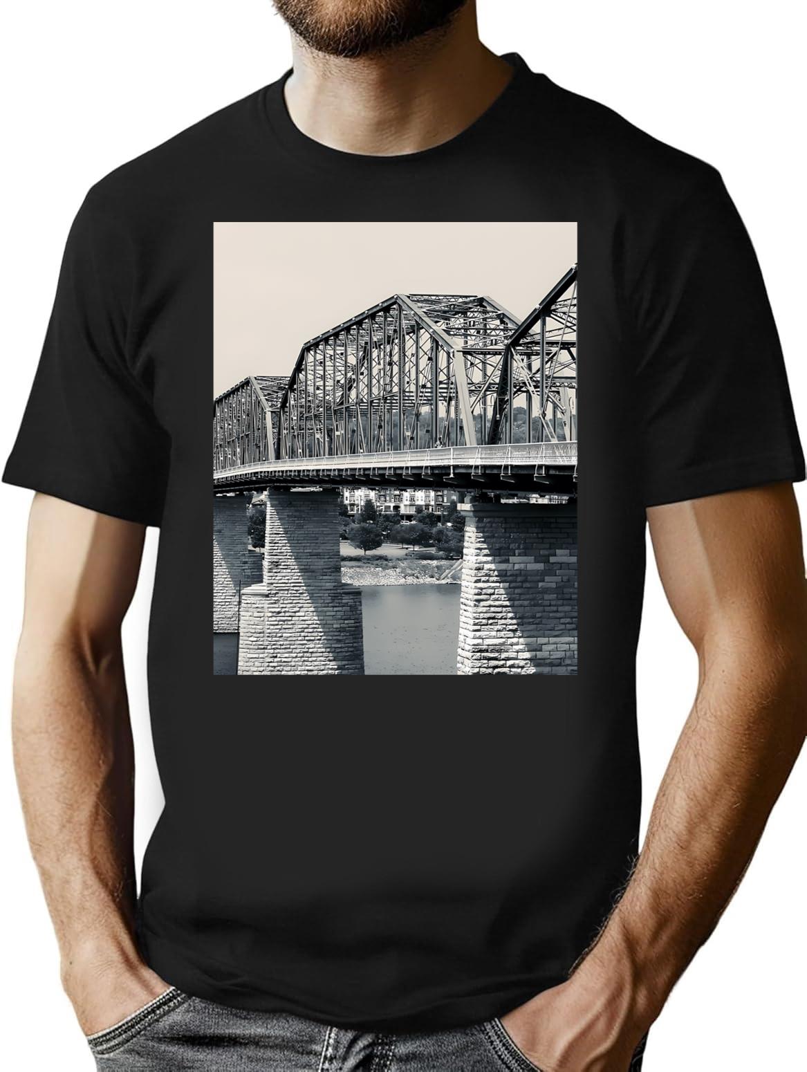 Black And White Walnut Street Bridge Art Print - Chattanooga Tn Landmark T-Shirt for Men & Women, T-Shirts Graphic Tee - Black