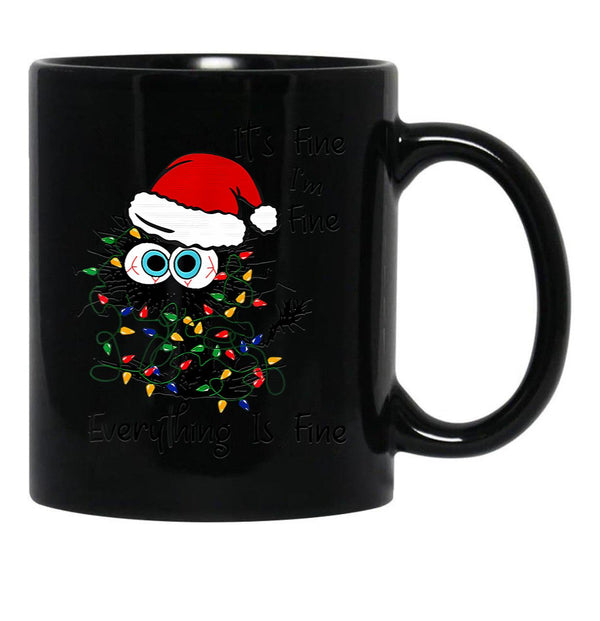 Black Cat Christmas It Is Fine I Am Fine Everything Is Fine Black Coffee Mug, Gift Coffee Mug - Black