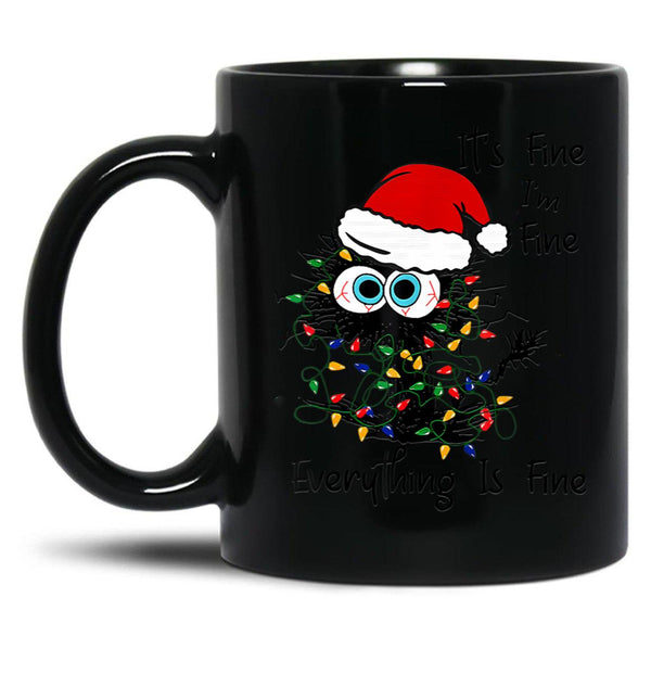 Black Cat Christmas It Is Fine I Am Fine Everything Is Fine Black Coffee Mug, Gift Coffee Mug - Black