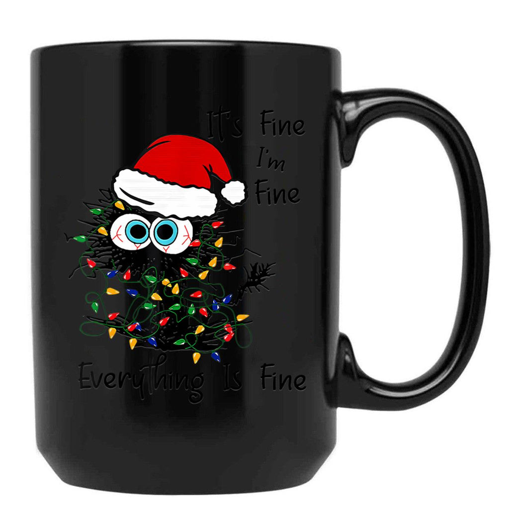 Black Cat Christmas It Is Fine I Am Fine Everything Is Fine Black Coffee Mug, Gift Coffee Mug