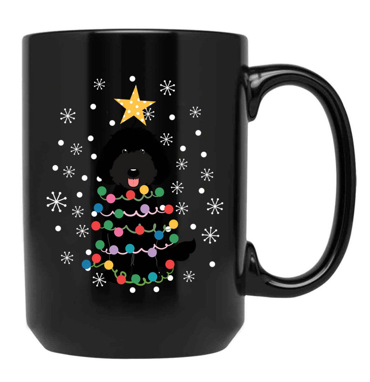 Black Labradoodle Christmas Tree Black Coffee Mug, Gift Coffee Mug