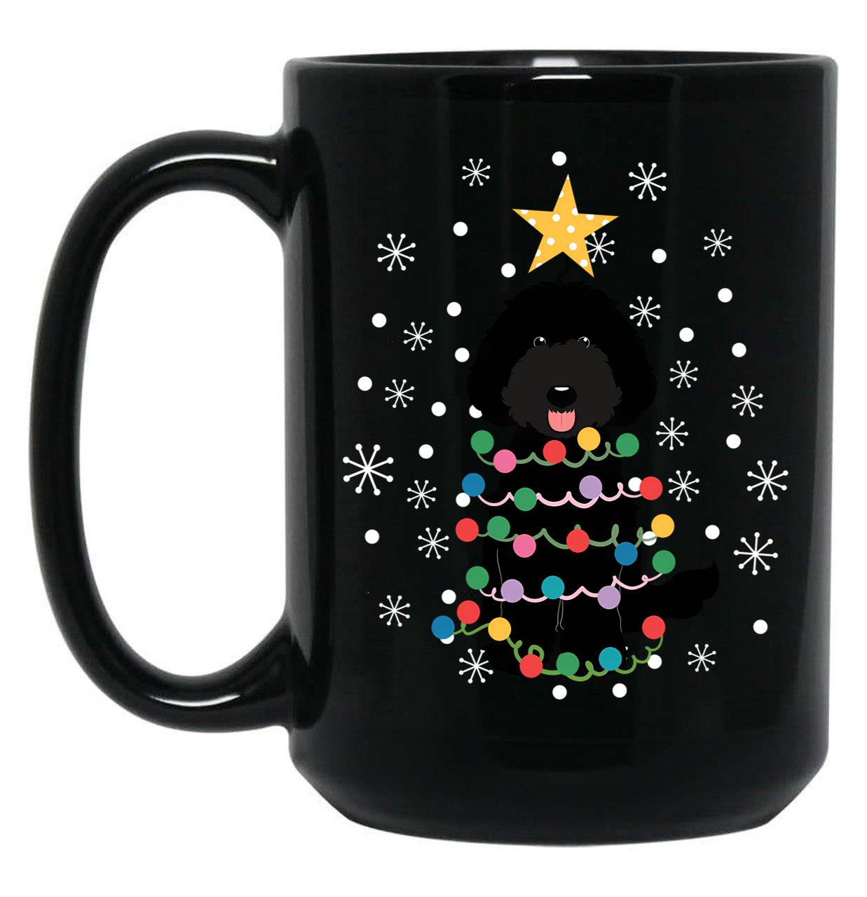 Black Labradoodle Christmas Tree Black Coffee Mug, Gift Coffee Mug